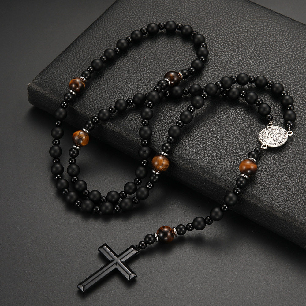 Cross-border Amazon Same-style Natural Stone Black Volcanic Rock Yellow Tiger Eye Iron Stone Cross Religious Men's Necklace