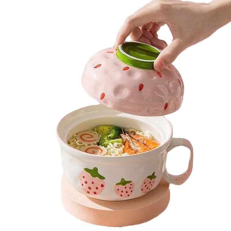 instant noodle bowl ceramic large bowl microwave oven household dormitory personal special student bowl with handle and lid rice porcelain bowl