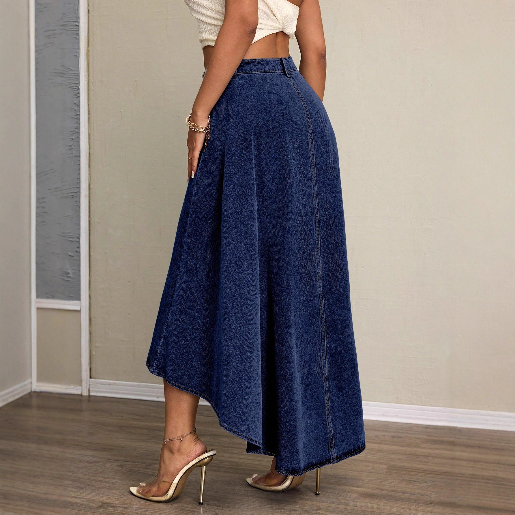 Elegant High Slit Denim Maxi Skirt Irregular Hem Womens Fashion Casual Wear Wholesale Available