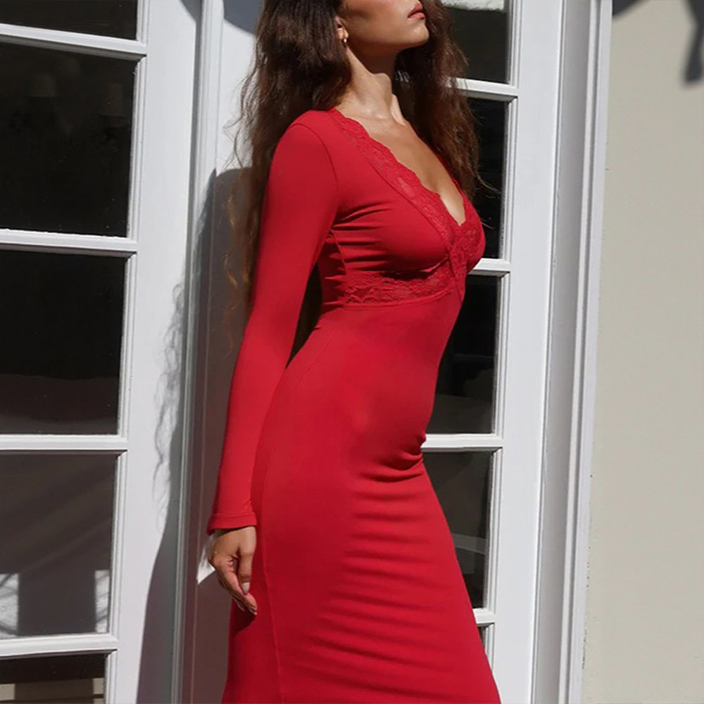 Red V Neck Lace Panel Long Sleeve Bodycon Mermaid Dress Elegant Sexy Slim Fit Perfect for Evening Events Wholesale