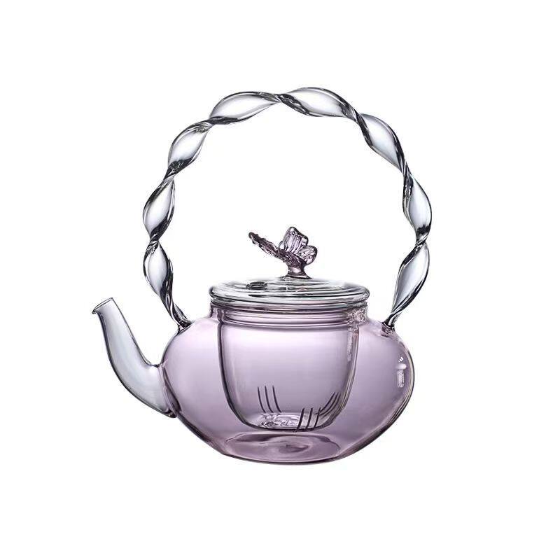 Pink Butterfly Glass Teapot for Brewing Tea, Electric Ceramic Stove Glass Teapot, High-Temperature Resistant Teapot, High-Value Fairy Teapot