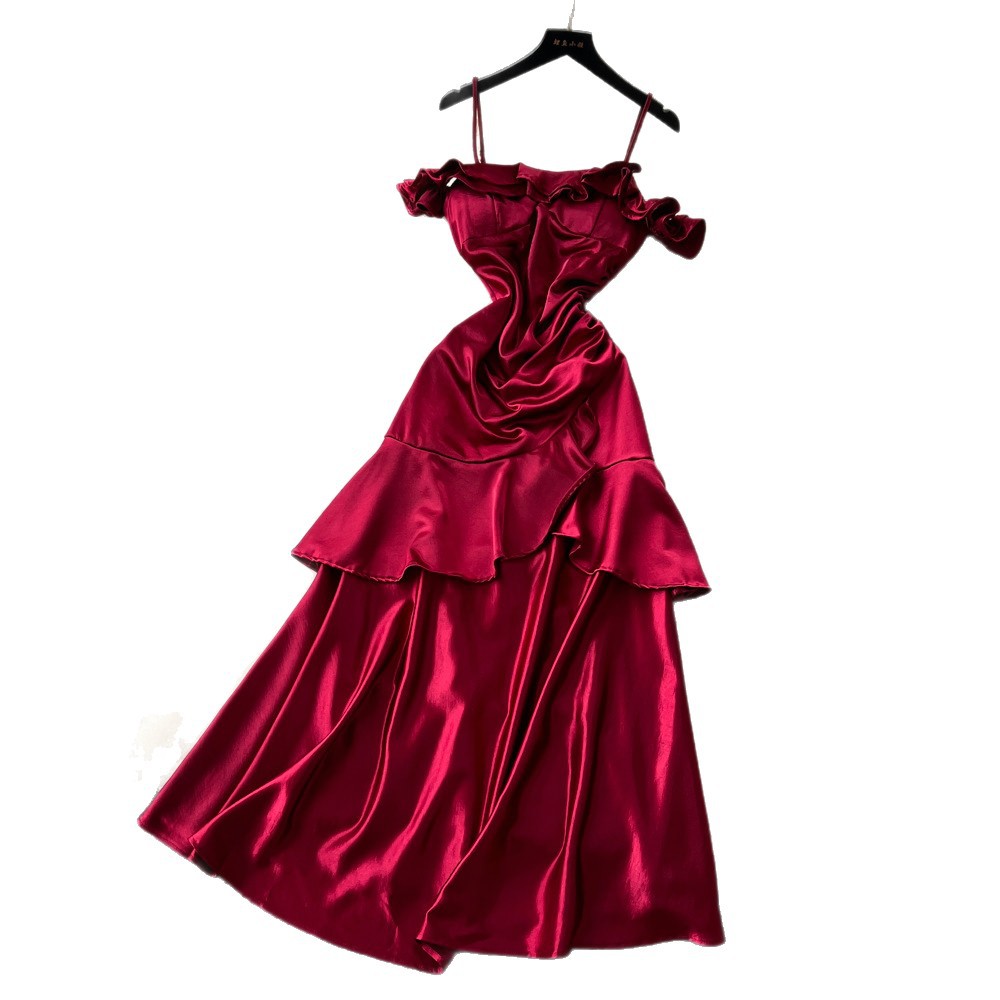Red Satin A Line Dress with Built in Bra Sleeveless Ruffled Hem Waist Defined Elegant Evening Gown for Special