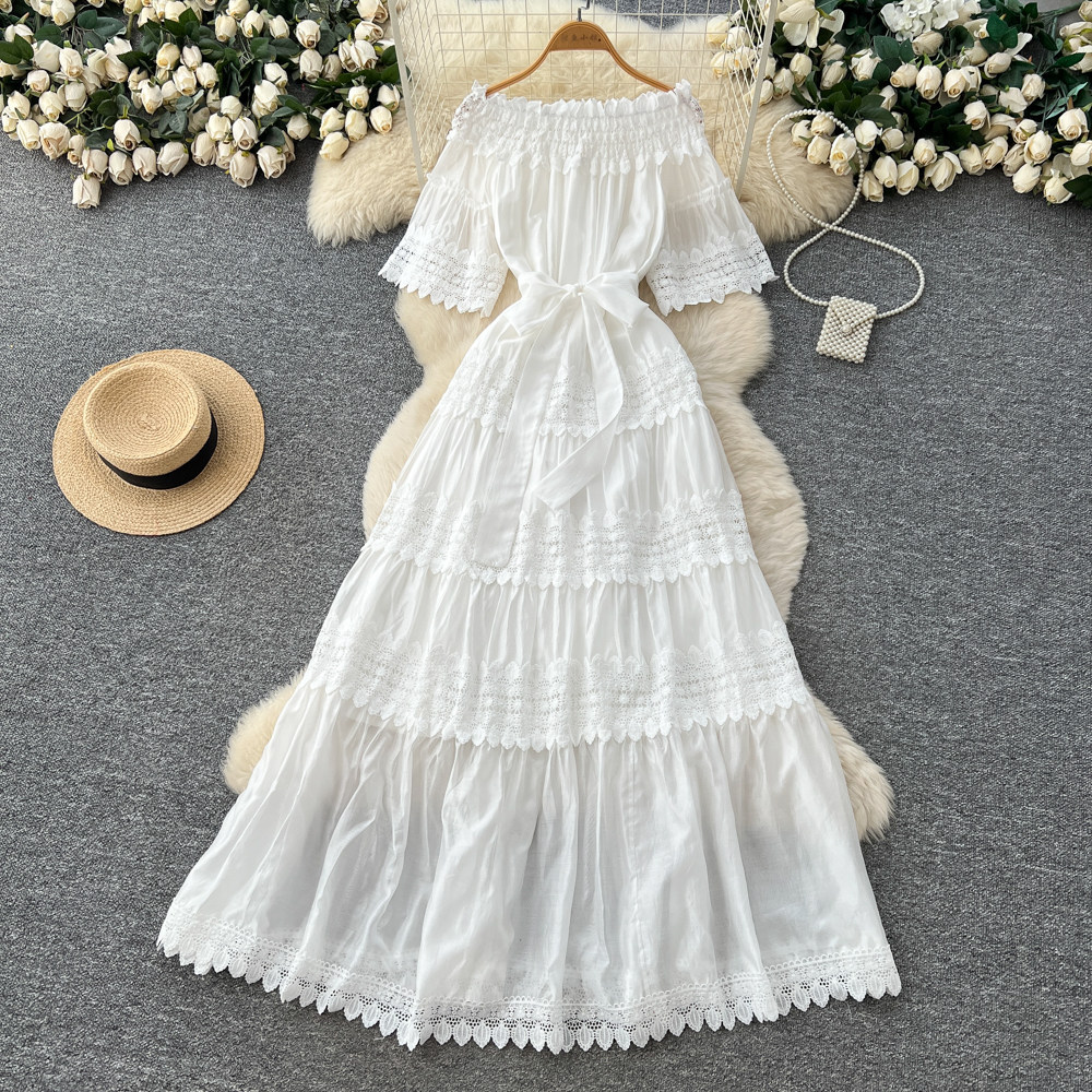 Off Shoulder Ruffle Dress Elegant French Style Short Sleeve Slim Fit Summer Fashion Wholesale Available