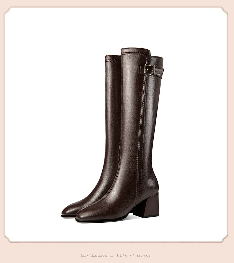 Boot nữ cổ cao gót thô mũi tròn phối khóa kéo bên, dáng ôm chân tôn dáng — Màu đen, Màu nâu
