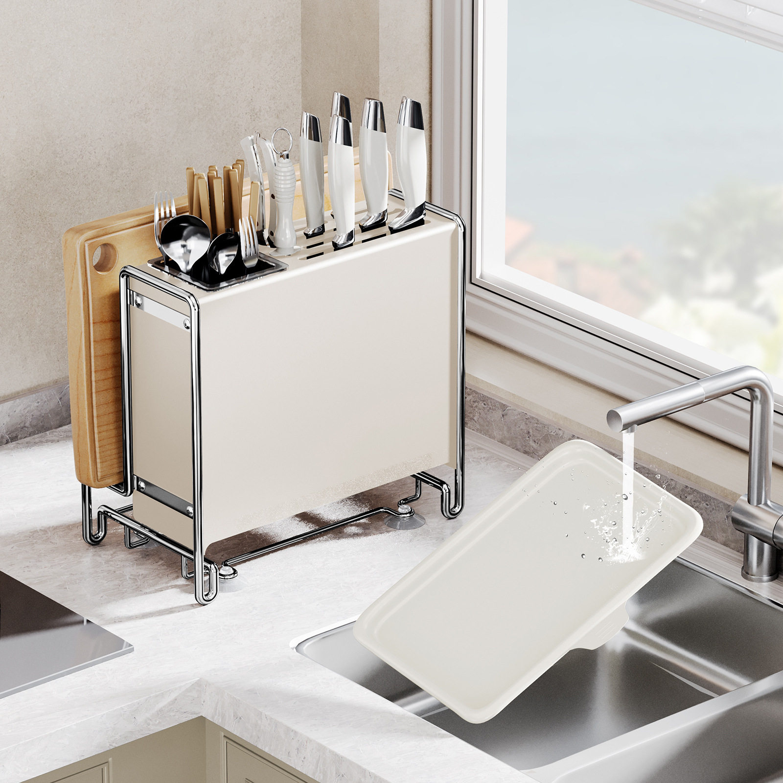 Kitchen Knife Rack Storage Rack Countertop Multi-Functional Chopstick Cage Kitchen Knife Cutting Board Integrated Knife Storage Box