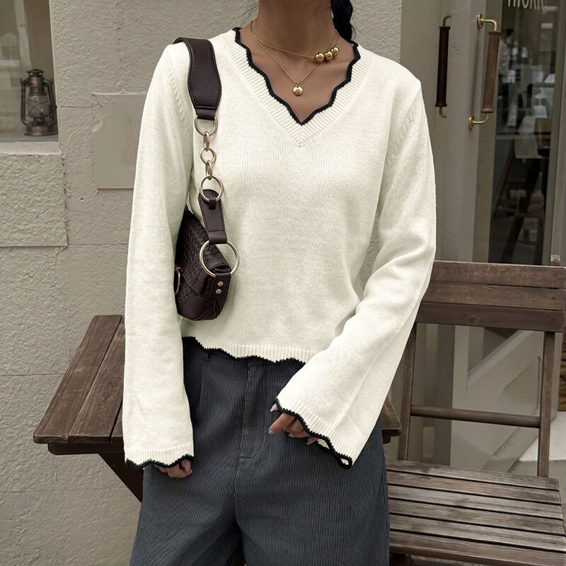 Color Block V Neck Sweater Korean Style Casual Wave Edge Perfect for Fall Winter Wholesale Available