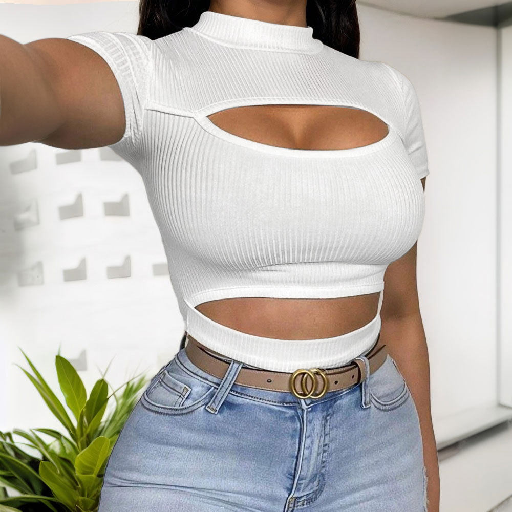 Hollow Out Half High Neck Slim Fit T Shirt for Women Short Sleeve Sexy Style Summer Fashion Wholesale Available