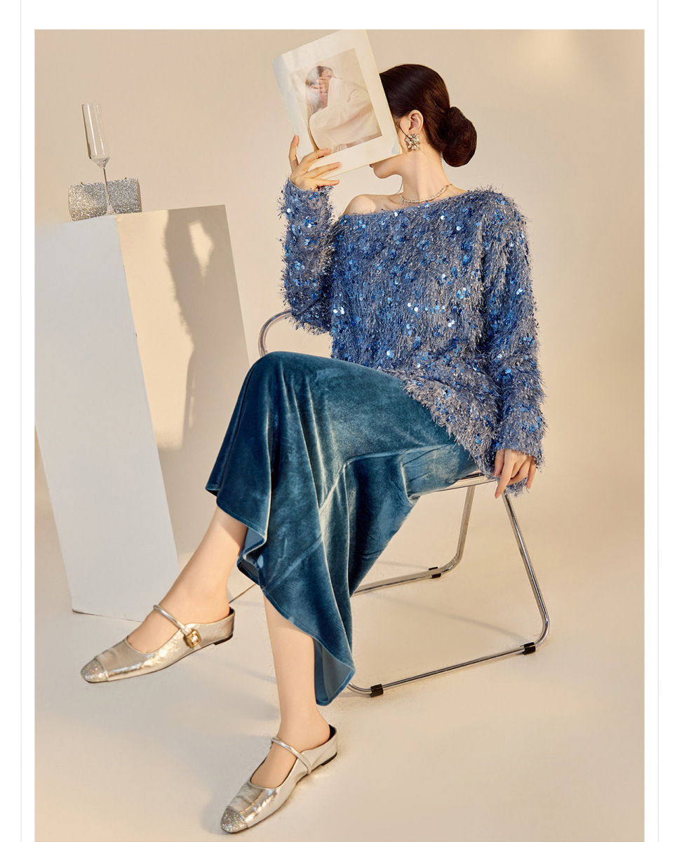 Set áo len dài tay cổ V đính sequin kèm chân váy nhung dài vừa — Váy màu lục lam (giao hàng trong 7 ngày), Váy màu lục lam (phát hành cùng ngày), Áo sequin (giao hàng trong 7 ngày), Áo sequin (giao hàng trong ngày)