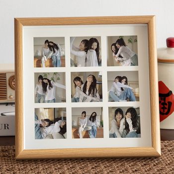 Family Portrait Nine-Square Grid Photo Frame Display Ins Couple Gift Photo Frame Wooden Hollow Stereo DIY Puzzle Photo Frame
