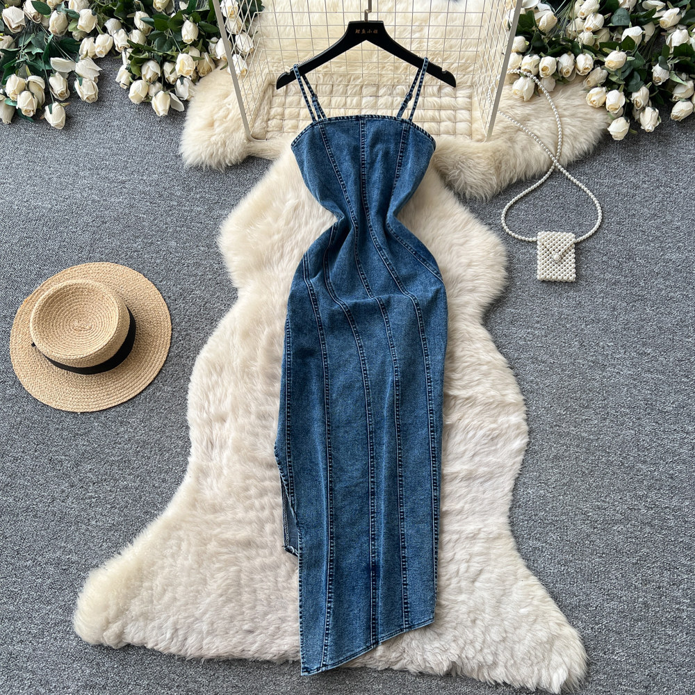 Korean Style Denim A Line Maxi Dress for Women Slim Fit High Waist Sleeveless Summer Fashion Wholesale Available