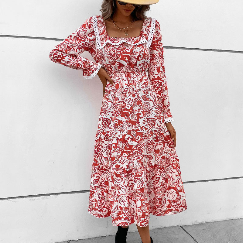 Red Floral Long Sleeve Dress Elegant Design Perfect for Valentines Day Spring and Autumn Wear Wholesale Available