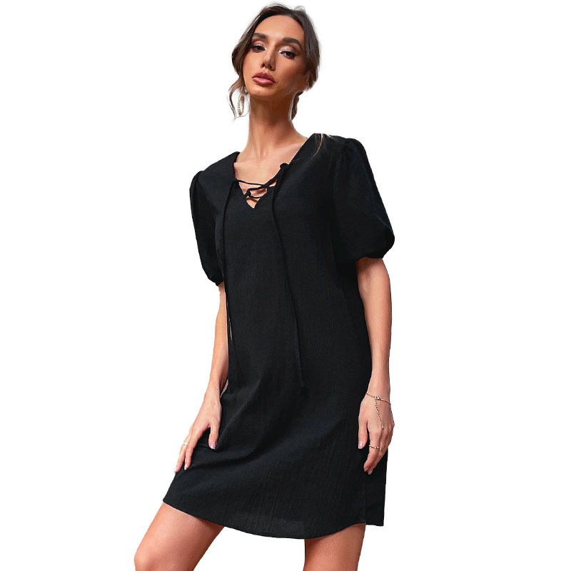 Summer Casual Loose Black Cotton Linen Dress Simple Retro Style Perfect for Everyday Wear Wholesale Available
