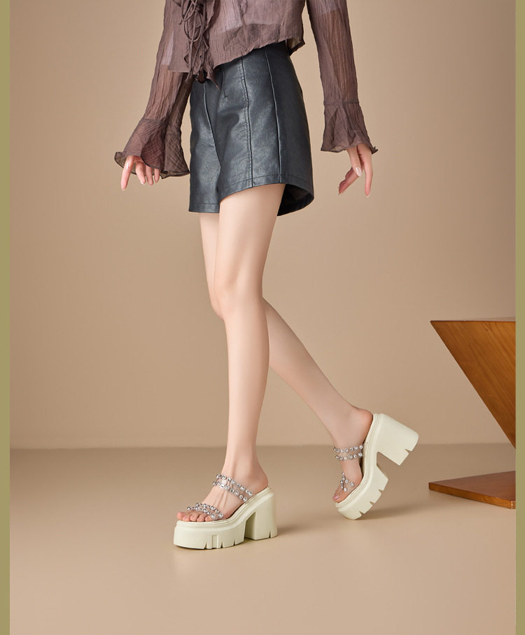 Sandal cao gót nữ đế dày 12 cm quai ngang đính đá, mũi hở, gót vuông — [Trắng kem], [Vàng nhạt] chi tiết 1