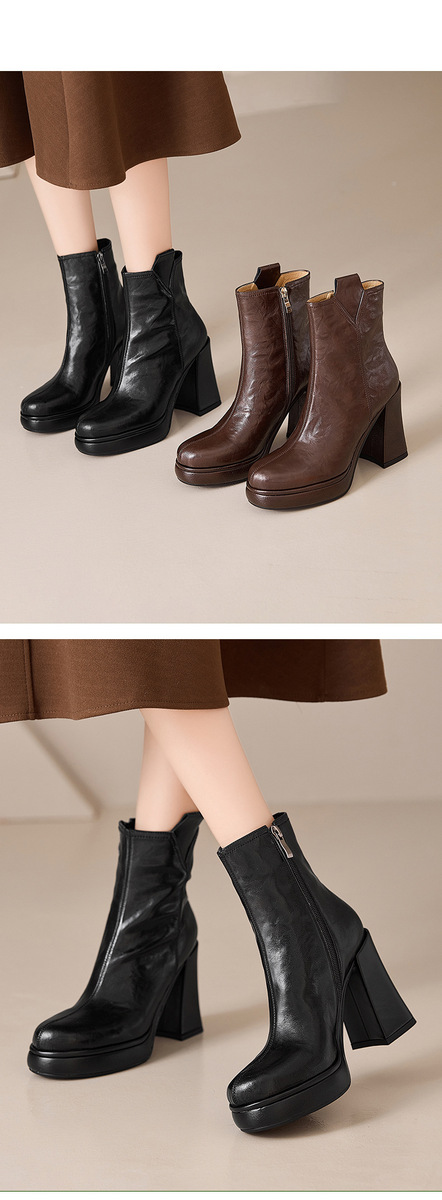 Boot nữ cổ thấp gót thô 10cm khoá kéo bên hông, da bò vân mềm phong cách Anh — Lớp lót đơn màu đen, Lớp lót đơn màu nâu, Lót nhung đen, Lót nhung màu nâu