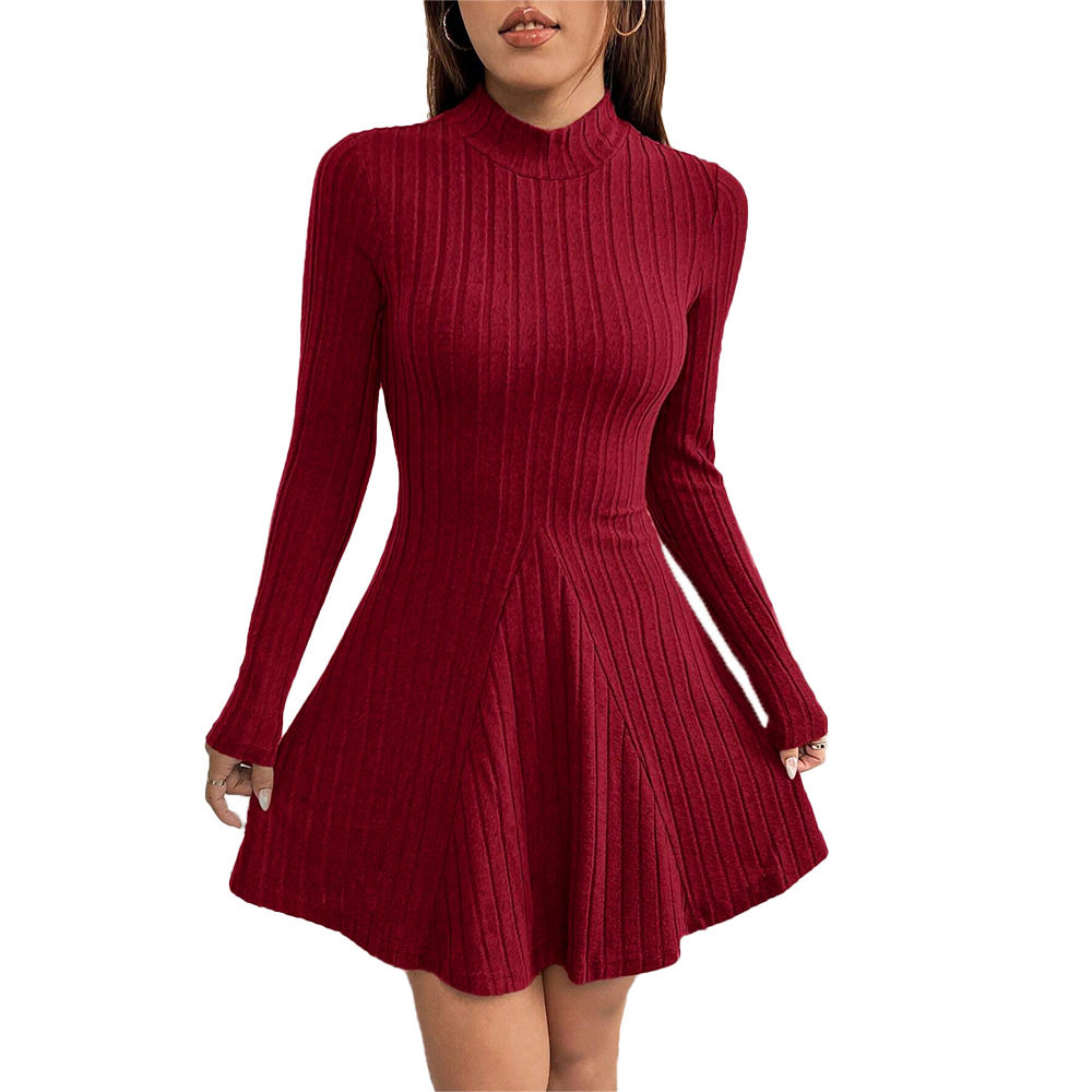 Womens A Line Dress Slim Fit Half Turtleneck Long Sleeve Ribbed Fabric Spring Summer Fashion Wholesale Available