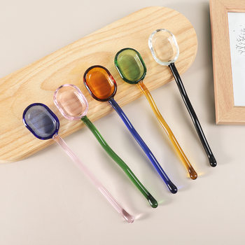 Creative milk dessert spoon color pastoral transparent high temperature resistant glass spoon cute long handle coffee mixing spoon