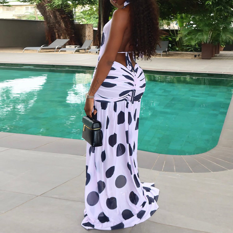 Fashionable Womens Irregular Hem Dress Floral Print Polka Dots Backless Tie Detail Casual or Evening Wear