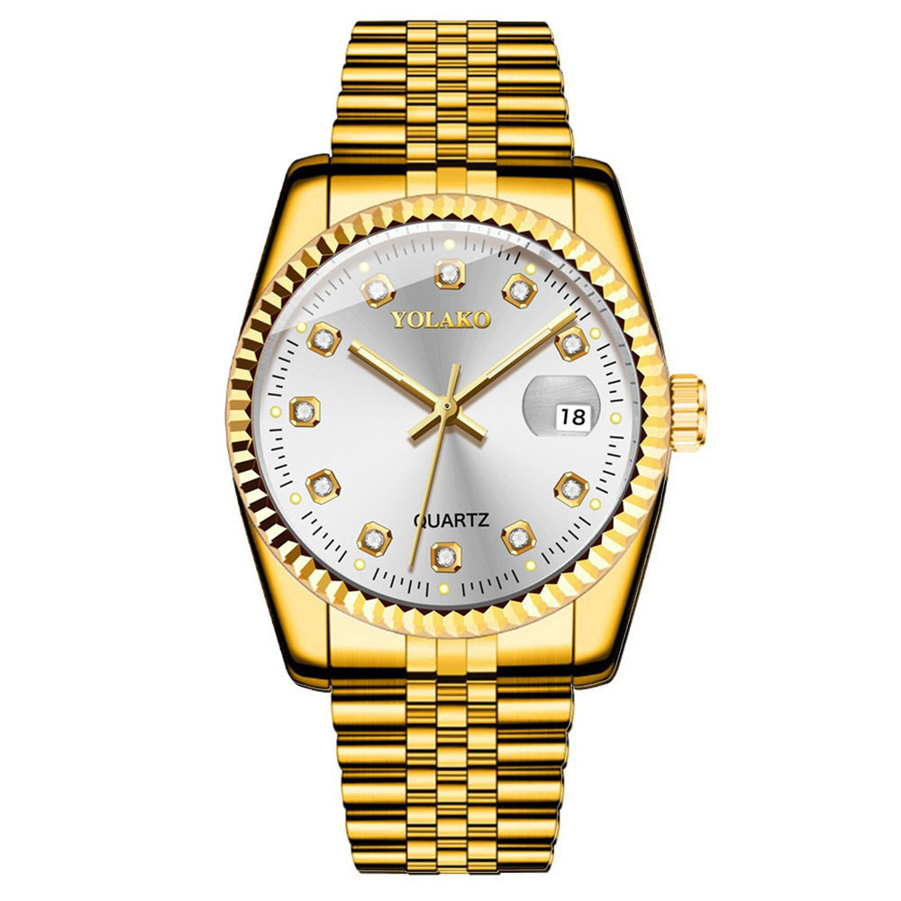 镶钻面钢带日历手表女简约休闲学生时尚石英金色套装男士手表情侣