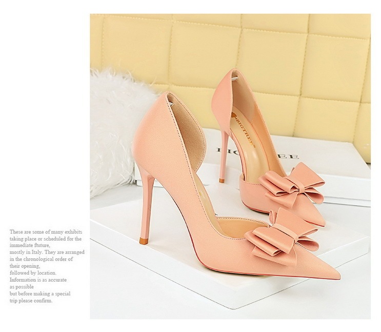Giày cao gót nữ mũi nhọn gót siêu cao 10.5cm mặt lụa satin thắt nơ hở hông — Màu đen, Màu đỏ hoa hồng, Màu đỏ rượu, Màu hồng