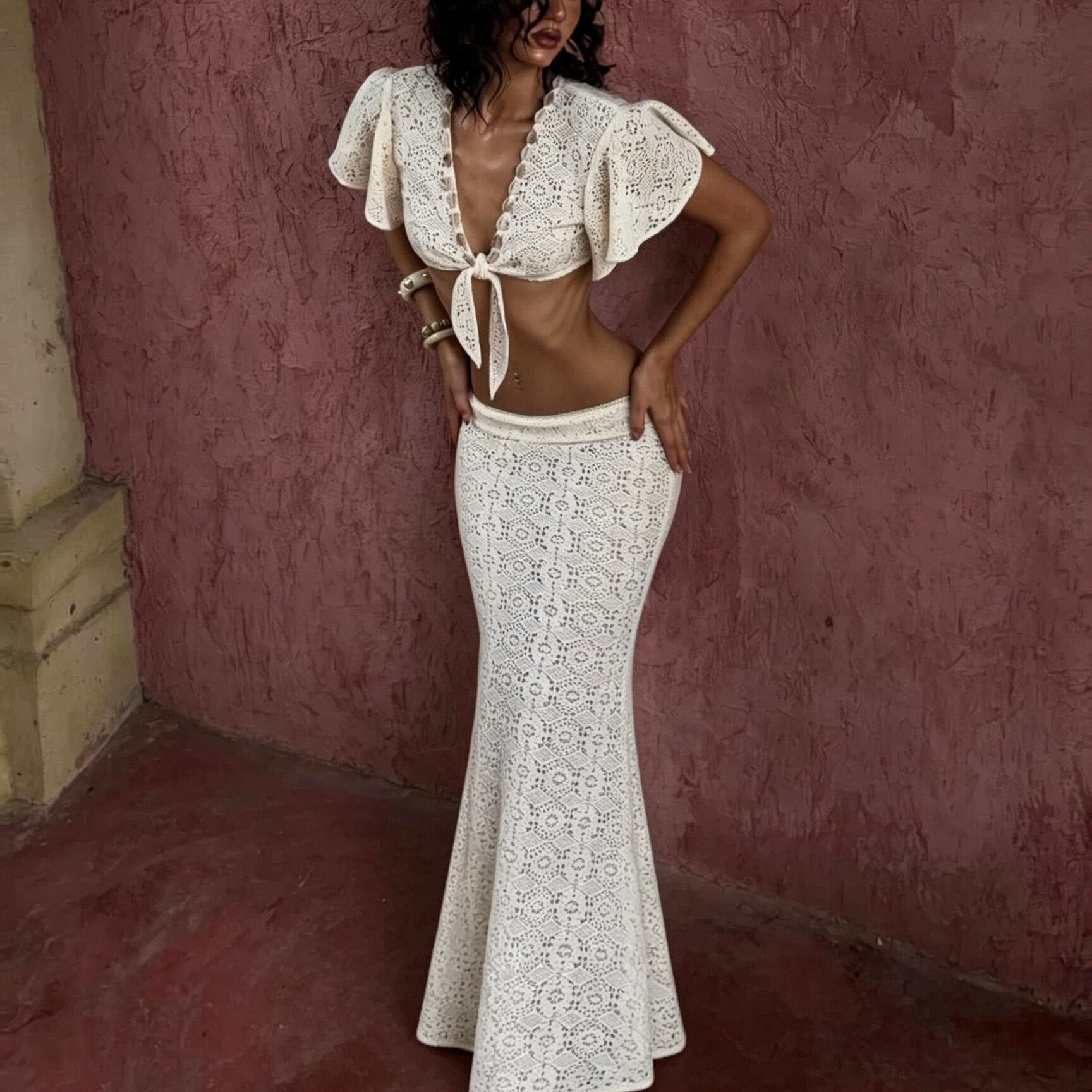 Womens Summer Beach Vacation Set Lightweight Cardigan with Tie Top Fitted Mermaid Maxi Dress Wholesale Available