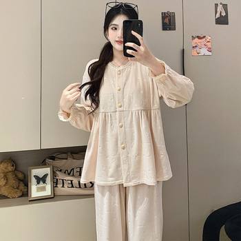 2025 Autumn and Winter New Warm German Velvet Maternity Pajamas for Women, Nursing and Postpartum Clothing, Homewear with Lace Round Neck Set