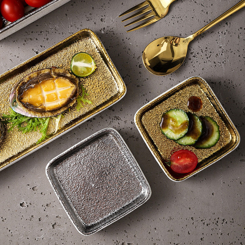 Retro Accessible Luxury Style Golden Silver Rectangular Plate Fruit Salad Plate Sushi Plate Square Flavor Plate Small Dish Snack Plate