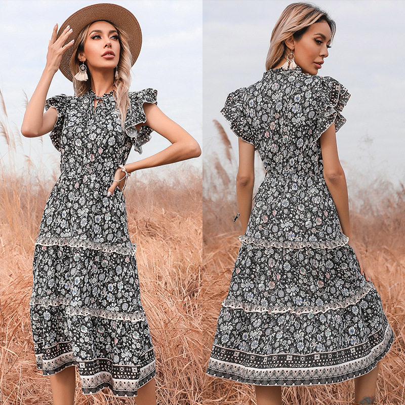Vintage Floral Ruffle Hem Dress Slim Fit Bohemian Style Summer Wear Available for Wholesale OEM ODM service