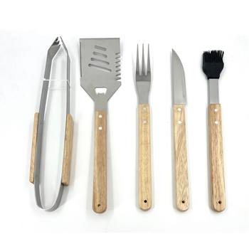 Stainless Steel Grill Set Wooden Handle Barbecue Tools Five-Piece Set Outdoor Portable Barbecue Accessories Oak Handle Food Tongs
