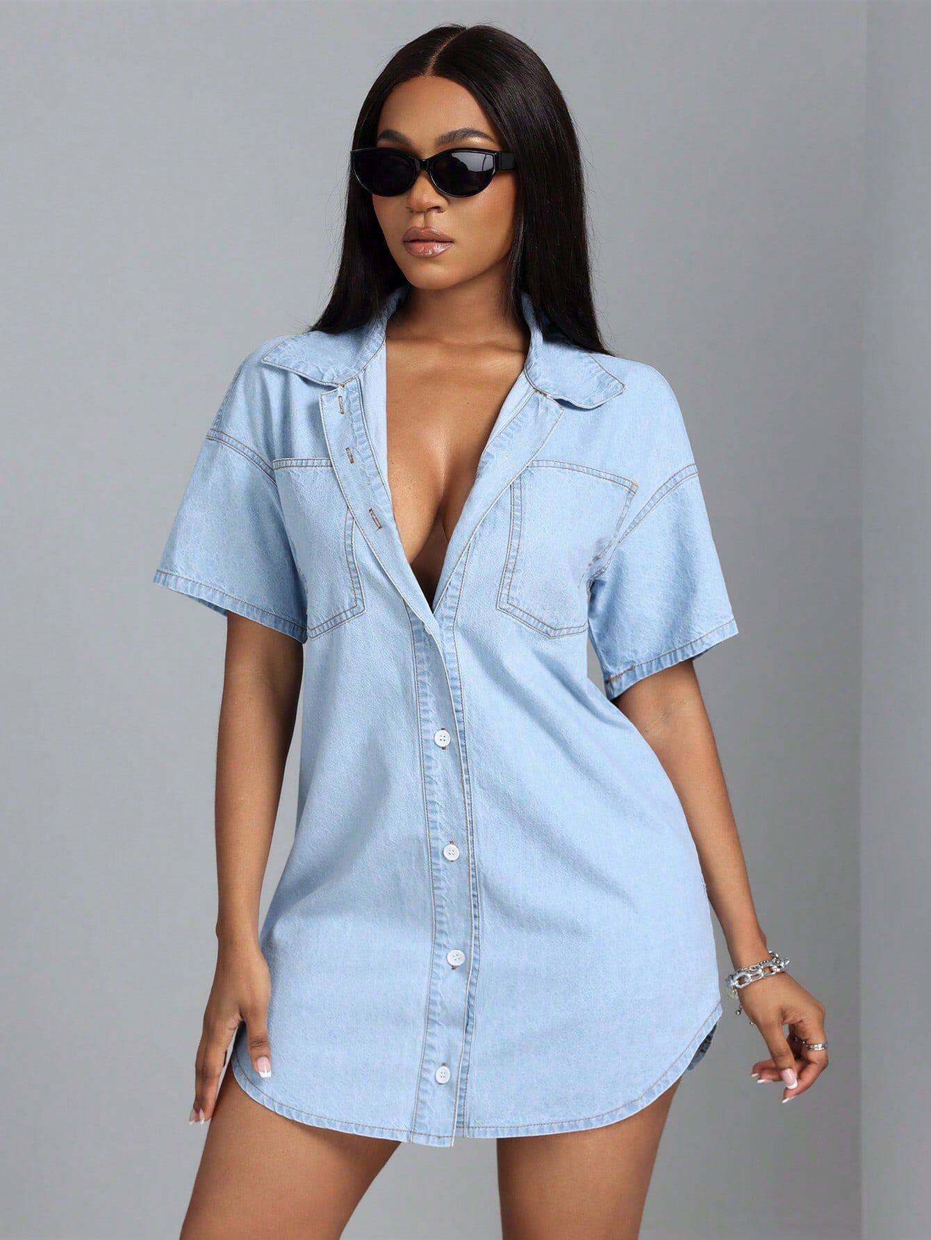 Loose Fit Denim Shirt Short Sleeve Lapel Collar Casual Style Perfect for Summer Wear Ready to Ship