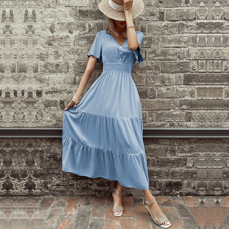 Elegant Summer V Neck Ruffled Hem Dress Slim Fit Solid Color Versatile Style Perfect for Casual or Formal Occasions