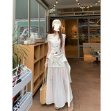 Французский дизайнерский костюм, темпераментный топ с диагональными плечами, женская сетчатая летняя юбка с вышивкой, пояс, длинная юбка, костюм-двойка