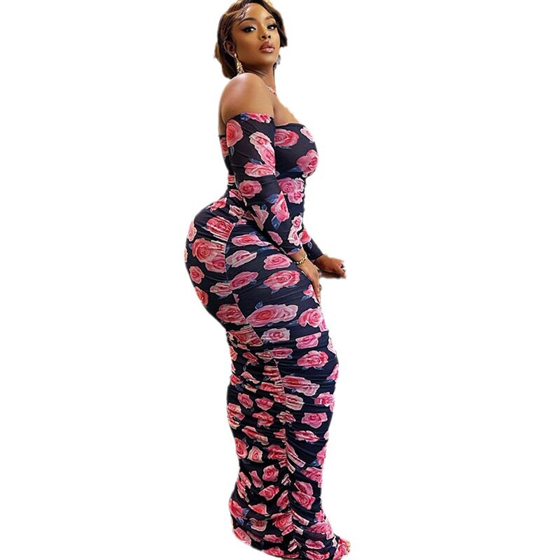 Asymmetrical Shoulder Long Sleeve Bodycon Dress Fashionable Floral Print Ruched Design Mid Length Ideal for Parties