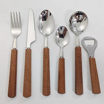 New 304 Stainless Steel Knife, Fork and Spoon Set Handmade Japanese Teak Solid Wood Soup Spoon Tableware Dessert Spoon