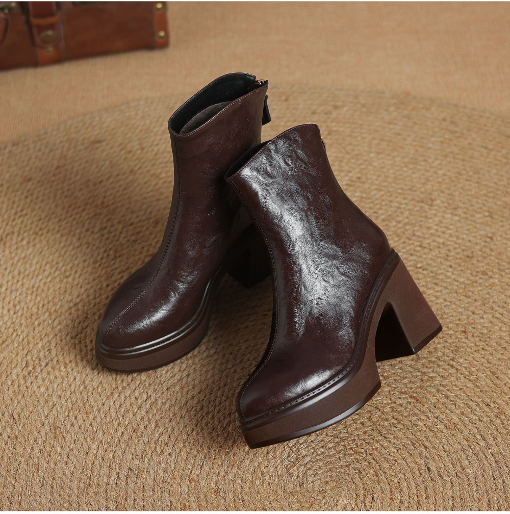Boot nữ da bò gót thô 9,5cm cổ ngắn khóa kéo sau — Lớp lót đơn màu đen, Lớp lót đơn màu nâu đậm, Lót nhung đen, Lót nhung màu nâu đậm