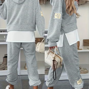 2025 Cross-Border European and American Autum New Casual Contrasting Color Women's Long-Sleeved Fake Two-Piece Hoodie Sweatshirt Two-Piece Suit