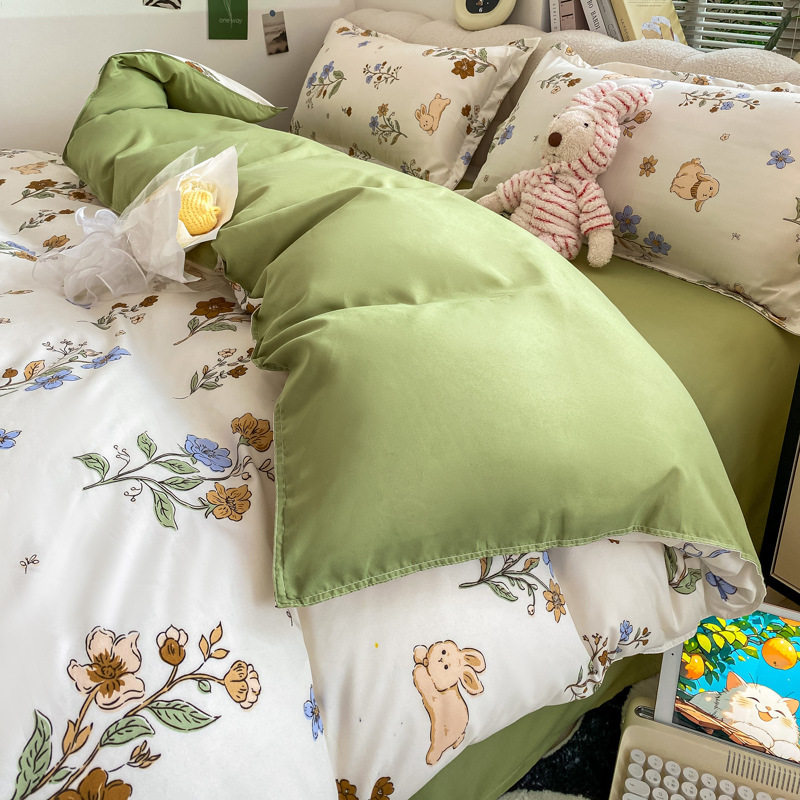 Ins small fresh four-piece set skin-friendly water-washed cotton sanding single bed sheet quilt cover student dormitory three-piece set wholesale