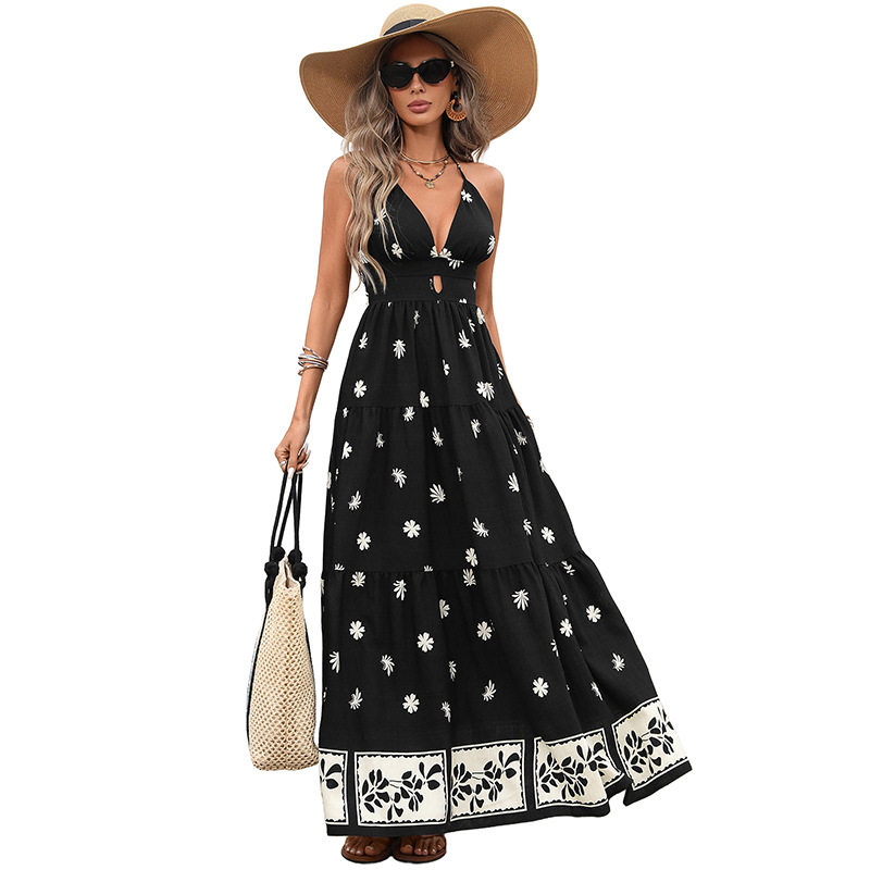 Casual Vacation Maxi Dress Floral Print Halter Neck Flared Skirt Summer Wear Wholesale Available