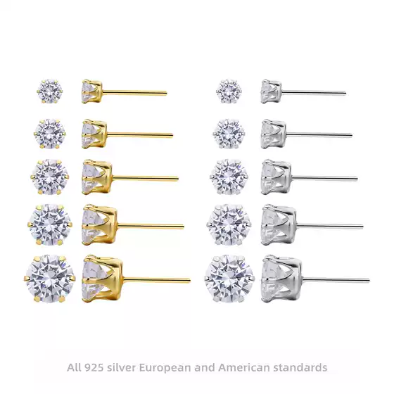 Cross-Border Exclusive Supply of S925 Sterling Silver Earrings, Classic Six-Claw Zircon Inlay, Multi-Size Earrings, Fashionable Light Luxury High-End Jewelry