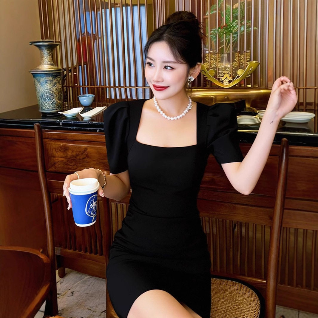 Đầm ôm body nữ cổ vuông phong cách Pháp tay ngắn — [Đen], [Trắng]
