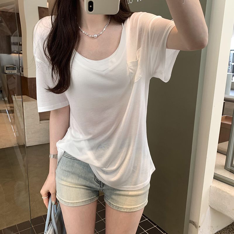 V Neck Tencel Blouse Soft Loose Fit Short Sleeve Pocket Design Summer Casual Wear Wholesale Available