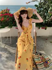 2026 New French Seaside Vacation Floral Spaghetti Strap Maxi Dress for Women, Ethereal Mermaid Long Dress