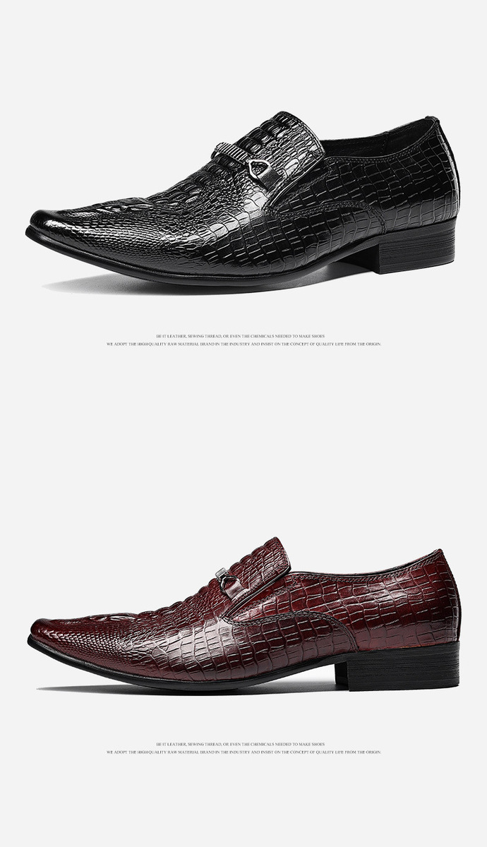 Giày lười nam mũi nhọn da bò thật dập nổi, giày slip-on công sở — Màu đen, Màu đỏ rượu
