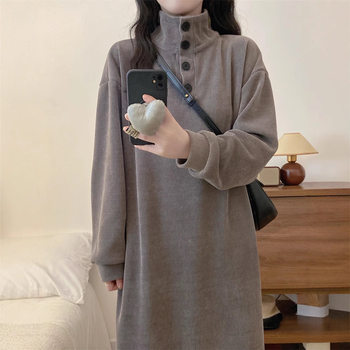 (with Pockets) New High-Neck Button Dress Korean Style Lazy Style Autumn and Winter Fashion Versatile Long-Sleeved Long Skirt for Women