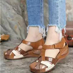 Women's Large Size Comfortable Summer New Style Medium Heel Retro Round Toe Wedge Heel Women's Roman Shoes Cross Buckle Women's Sandals