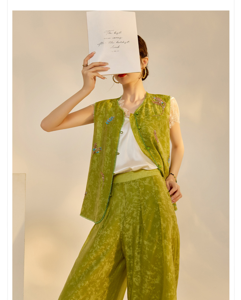 Set gile thêu đính cườm kèm quần dài nữ phong cách thanh lịch — Quần dài màu mơ, Quần dài màu xanh lục, Gi lê màu hồng, Gi lê màu xanh lục