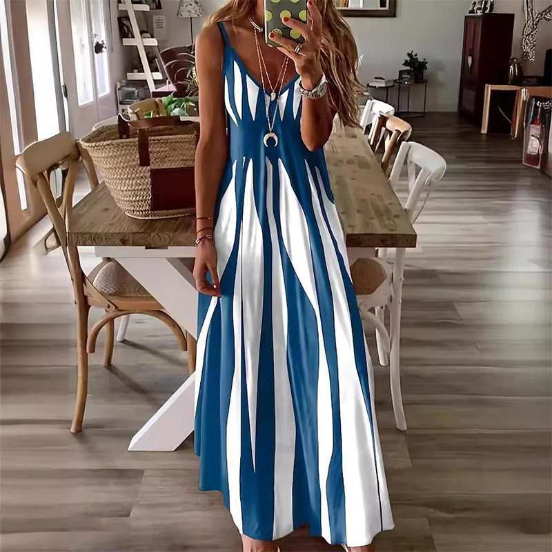 Casual Striped Sleeveless V Neck Dress Summer Fashion Vacation Style Lightweight Fabric Wholesale Available