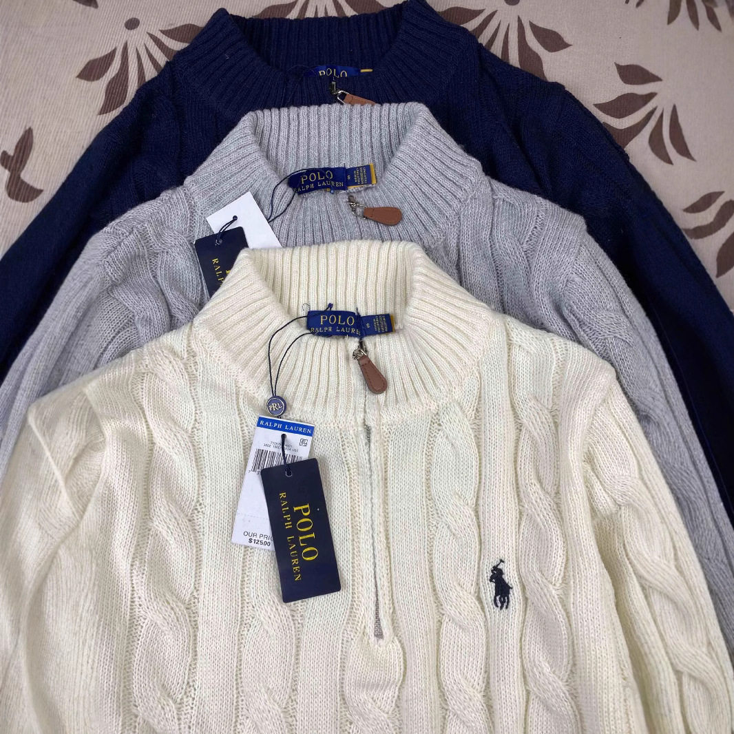 Real shot of RL Raff pony logo embroidered sweater for men autumn and winter stand-up collar twist couple half-zip sweater for women