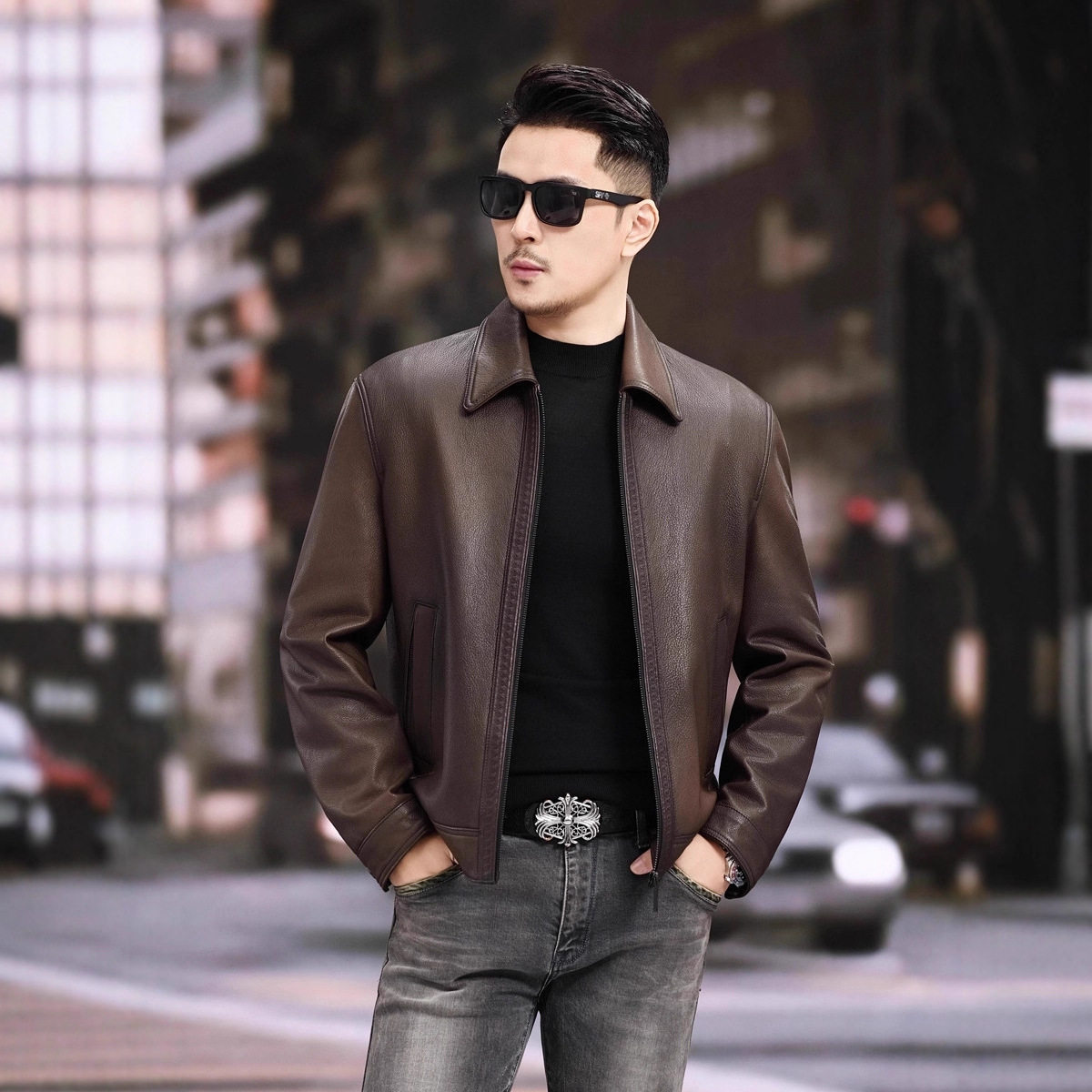 Áo Khoác Da Cừu Nam Cổ Bẻ Dáng Bomber Phong Cách Retro Màu Nâu
