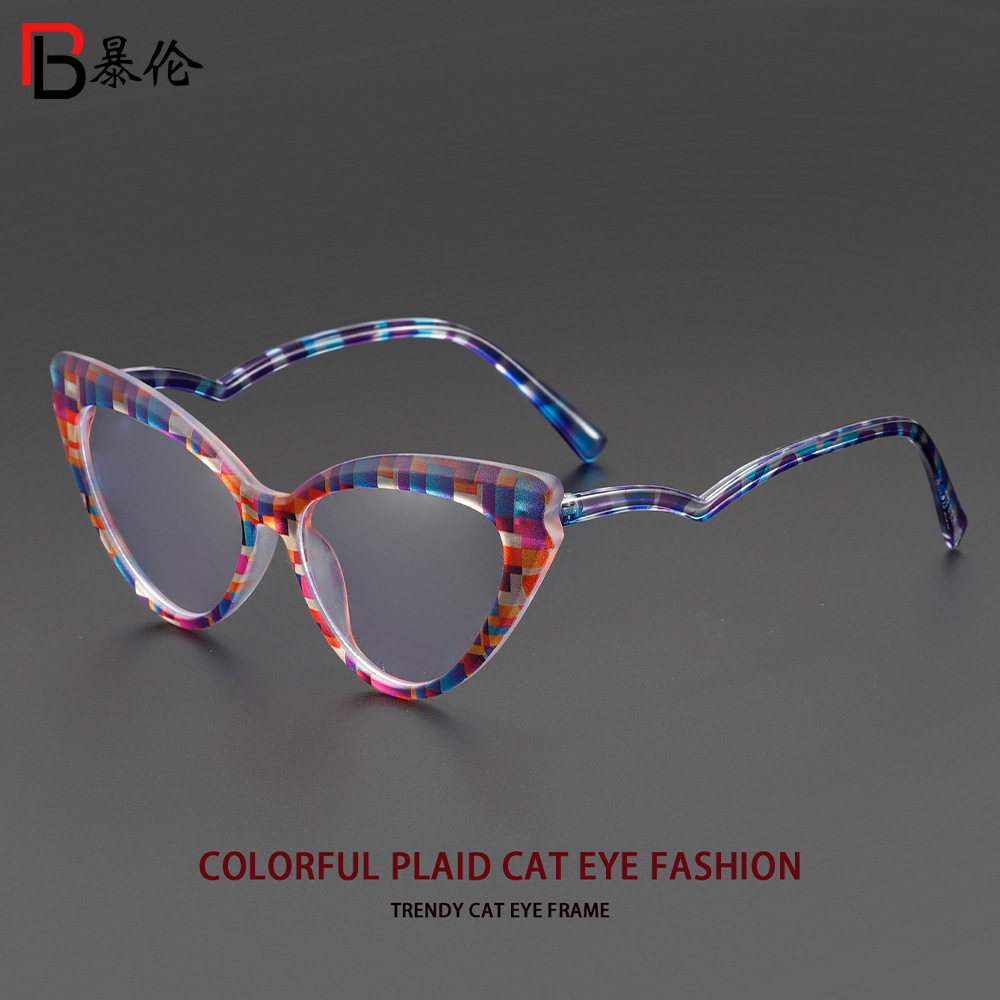 Cross-Border Colorful Frame Floral Acetate Cat-Eye Plain Glasses Frame European and American Trendy Color-Blocking Anti-Blue Light Non-Prescription Glasses 916