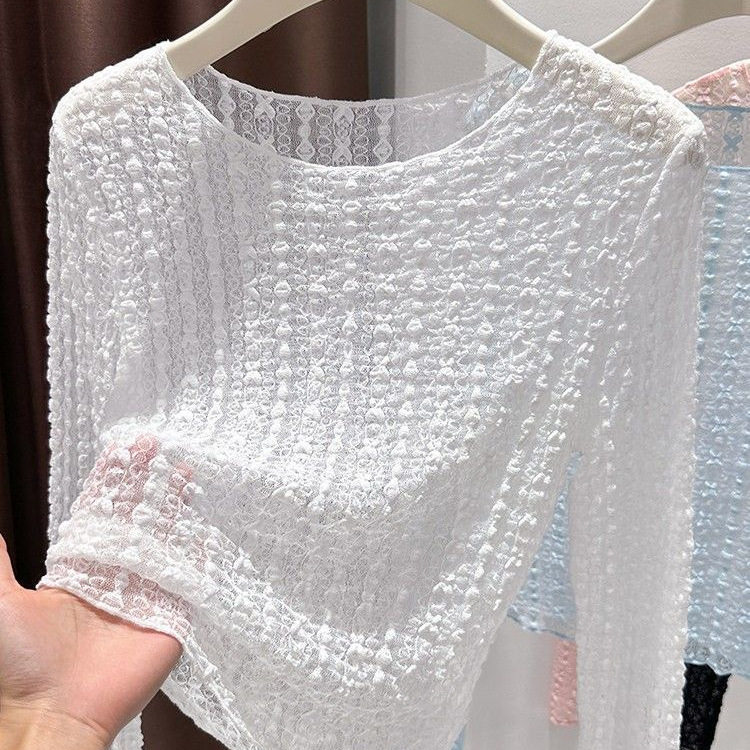 French Lace Long Sleeve T Shirt for Women Lightweight Sheer Slim Fit Round Neck Summer Layering Top Wholesale